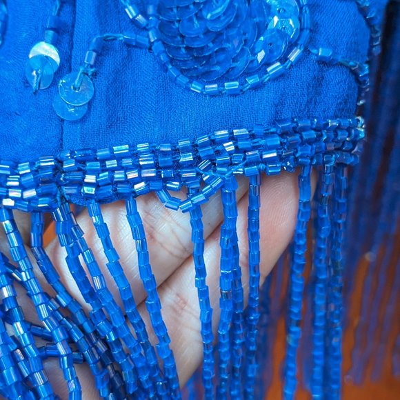 Vintage 80s Blue Sequin & Beaded Fringe Party Dress - Picture 9 of 10